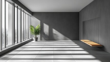 Obraz premium Sunlit minimalist gray room with bench.