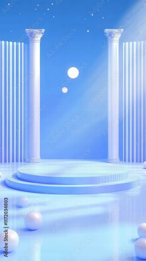 Poster a serene blue stage with columns and spheres, ideal for presentations or artistic displays.