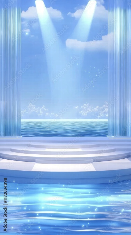 Poster a serene stage by the ocean, illuminated by soft beams of light, creating a tranquil atmosphere.