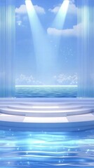 A serene stage by the ocean, illuminated by soft beams of light, creating a tranquil atmosphere.