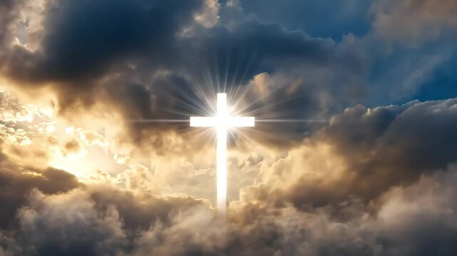 Glowing cross above dramatic cloudscape at sunset.