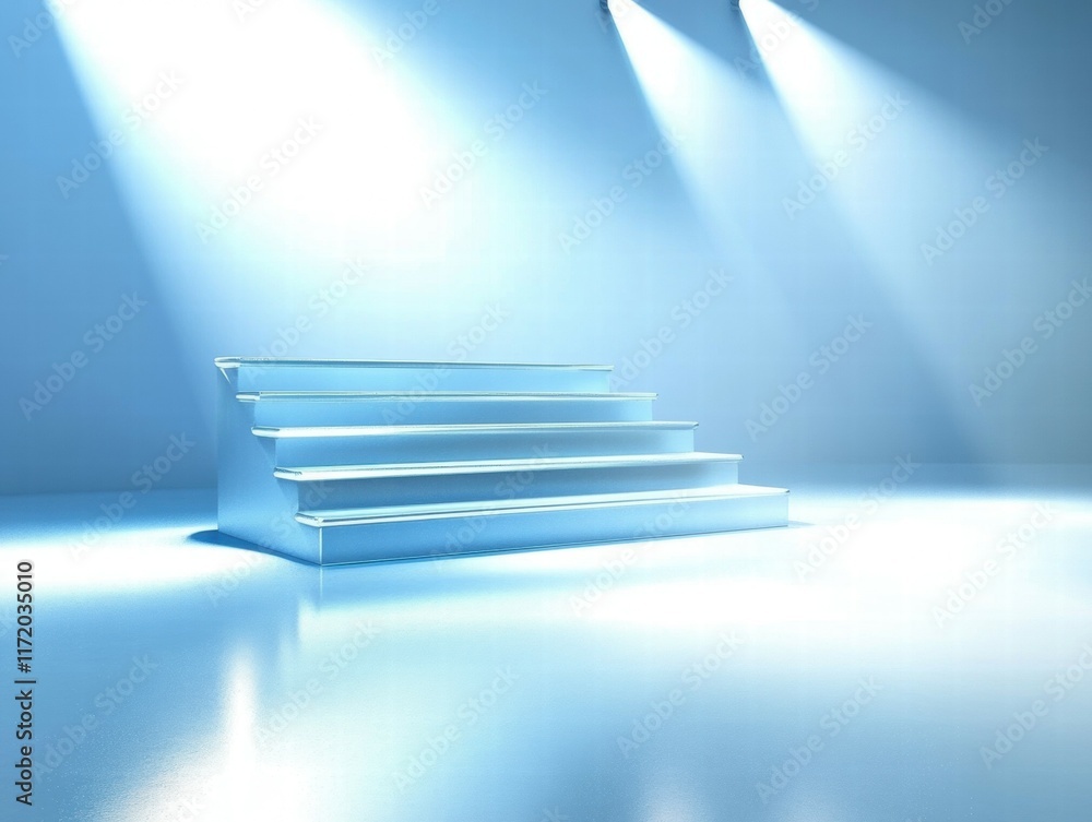 Poster a minimalist stage with illuminated steps in a blue-toned environment.