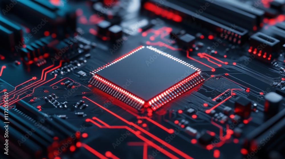 Poster close-up view of circuit board with red highlights and central microchip in high-technology concept