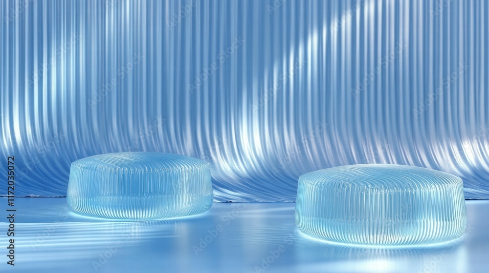 Aufkleber Abstract blue scene with two translucent forms against a flowing backdrop.
