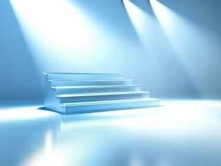 Obraz premium A minimalist stage with illuminated steps in a blue-toned environment.