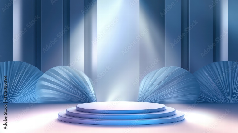 Poster a stylized stage setting with blue tones and soft lighting, ideal for performances or presentations.