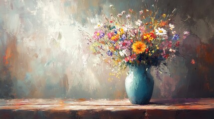 Vibrant Wildflowers in a Teal Vase: A Still Life Painting
