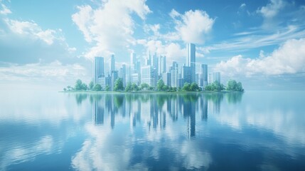 Fototapeta premium Urban reflections a modern cityscape by the water digital art serene environment high angle view futuristic concept