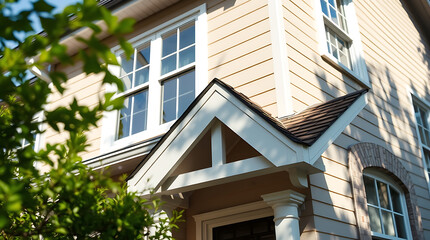 Exterior view of a light beige house with white trim, showcasing large windows, a prominent triangular porch roof detail, and partial foliage in the foreground.