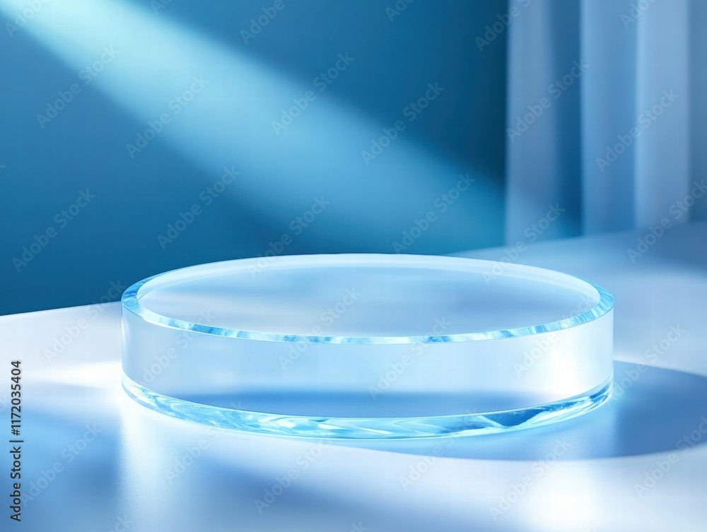 Poster a sleek, translucent oval display on a light surface, illuminated by soft blue light.