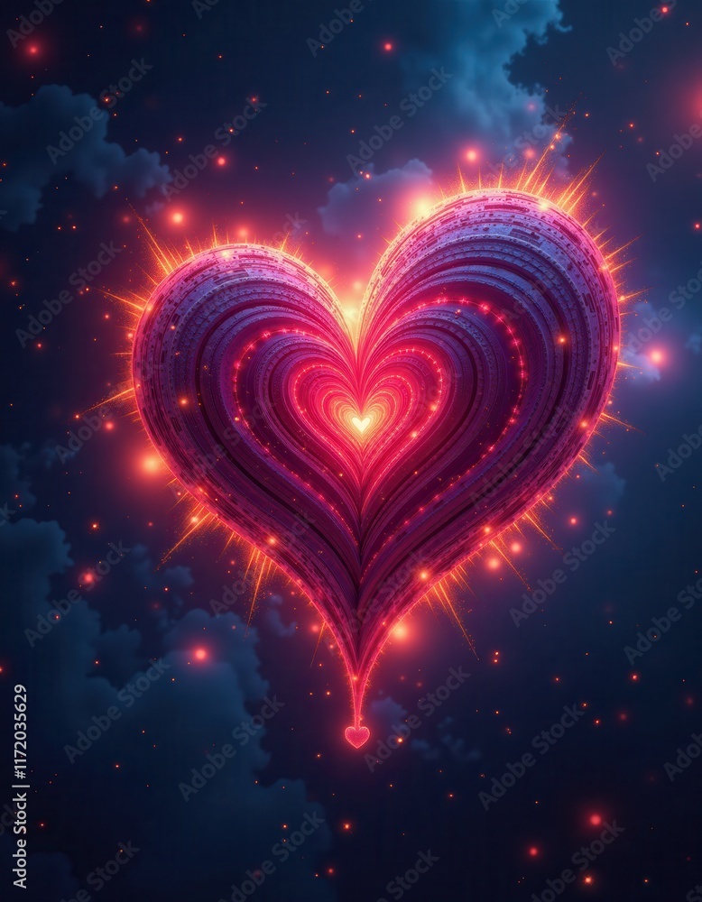 Poster radiant heart in cosmic sky with glowing light and abstract patterns