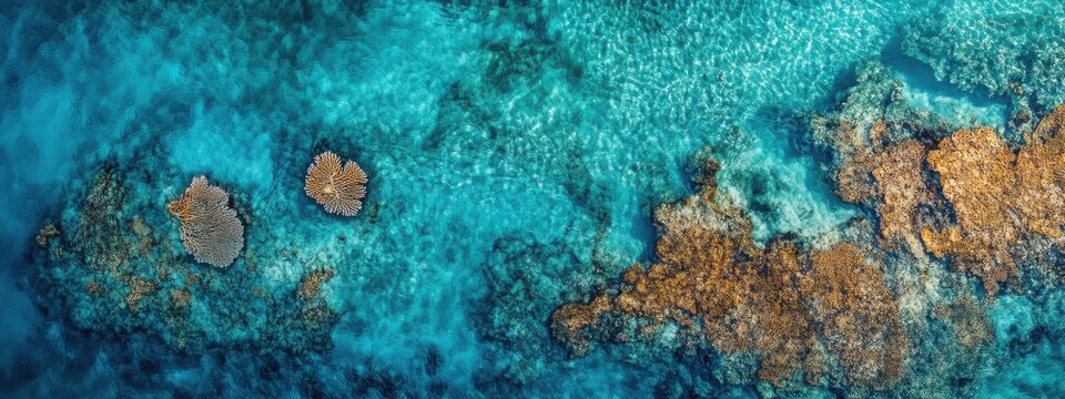 A serene capture of the Great Barrier Reef seen from above, with its intricate patterns of coral formations, Reef scene