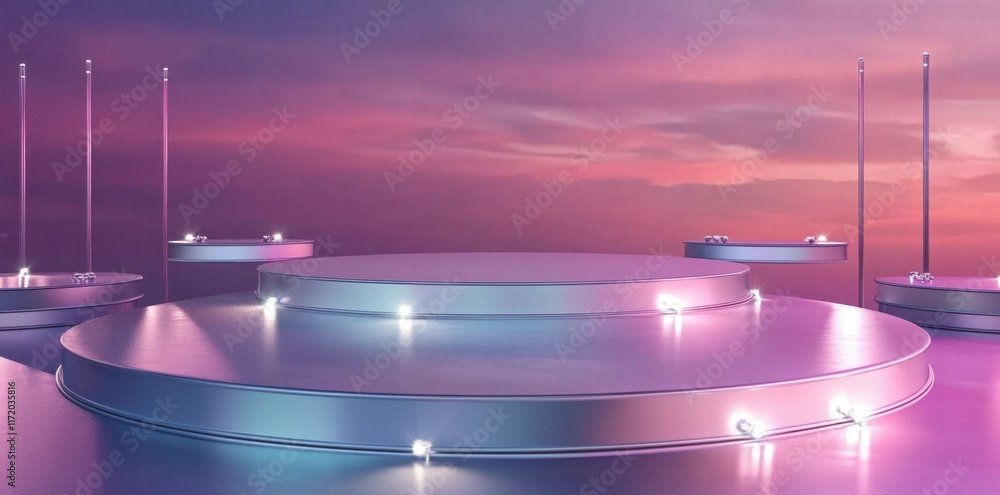 Poster a futuristic stage setup with circular platforms and soft lighting against a colorful sky.