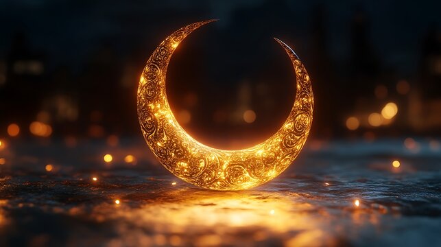 Glowing crescent moon with intricate design at night.