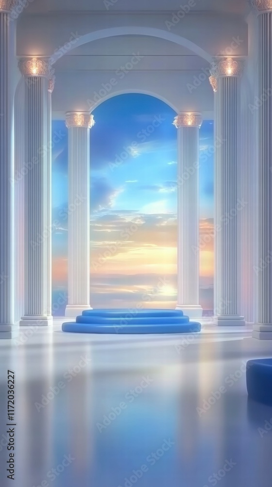 Leinwandbilder A serene architectural space with columns and a view of a sunset over the ocean.