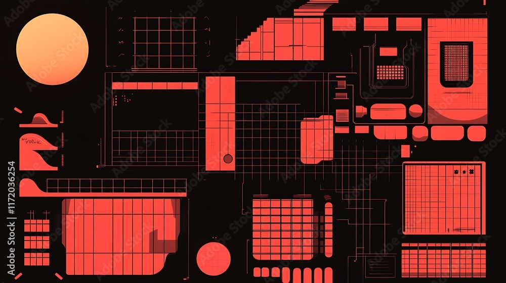 Poster abstract red geometric design featuring grids and shapes