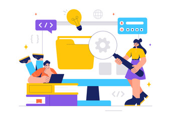 Informatics Vector Illustration featuring Logistics and Supply Chain Management Software Solutions with Coding and Digital Technology Background