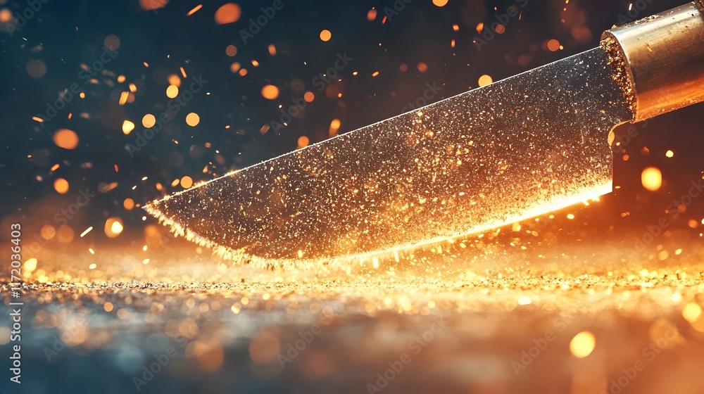 Poster Sparkling Knife with Motion Blur and Glowing Particles Creating a Dramatic Effect in a Dark Atmosphere for Culinary or Artistic Themes