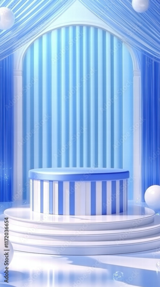 Poster a serene blue-themed stage with a circular platform and decorative elements.