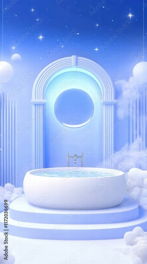 Poster A serene, dreamy space with a circular window, clouds, and a tranquil pool.