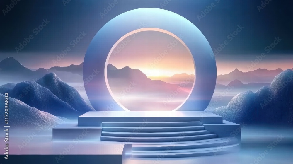 Poster a surreal landscape featuring a circular portal against a backdrop of mountains and soft light.