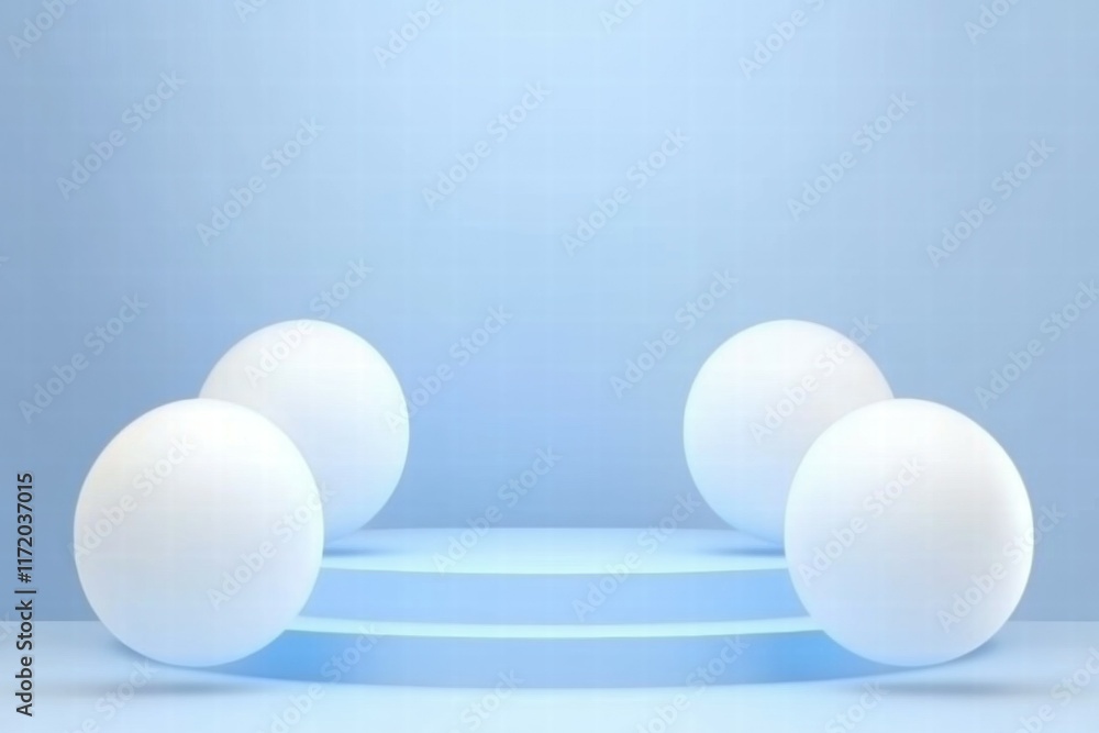 Poster simple geometric composition with spheres on a platform against a light blue background.