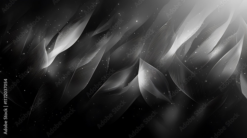 Poster abstract grayscale background with glowing, translucent, feather-like shapes and particles.