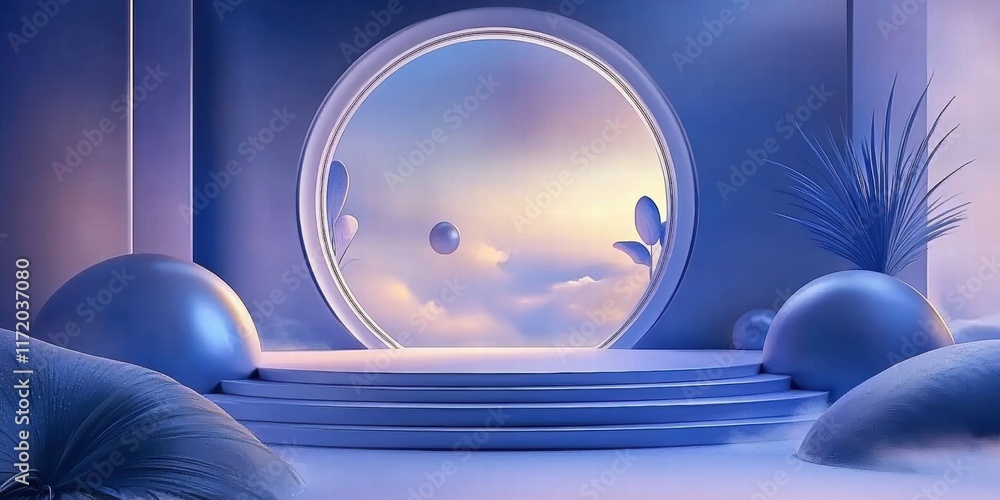 Poster a serene, futuristic space with a circular window showcasing a dreamy landscape.