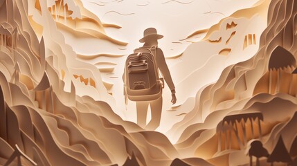Paper cut of a traveler with a tech-powered backpack, soft natural light, space in the center,generative ai illustration