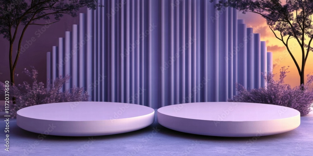 Leinwandbilder Two circular platforms set against a backdrop of modern vertical structures and soft lighting.