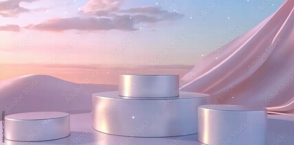 Aufkleber A serene setting with circular podiums against a pastel sky, ideal for presentations or displays.