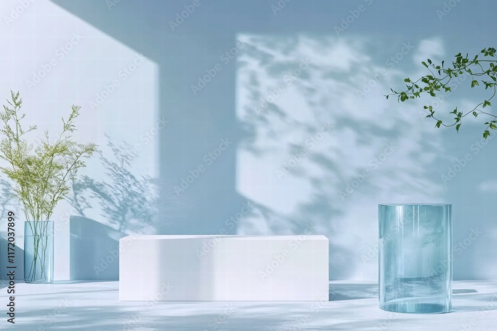 Poster A serene arrangement of vases and a minimalist table against a soft blue background.