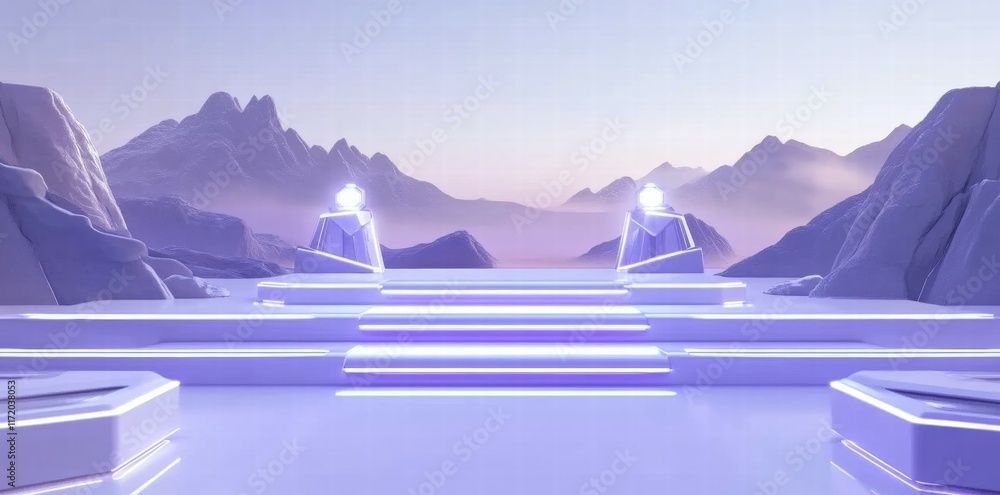 Poster a serene, futuristic landscape with steps leading to illuminated structures against mountains.