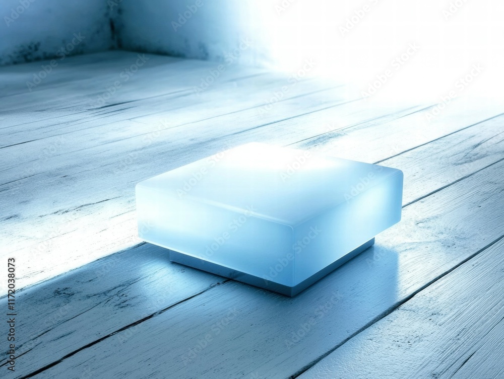 Poster a glowing, translucent square light source on a wooden floor, creating a serene atmosphere.
