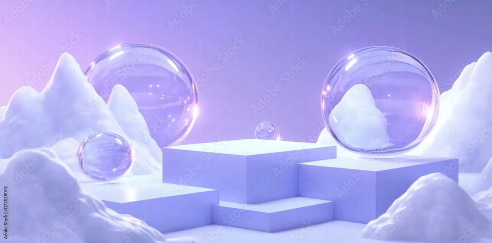 Poster abstract composition featuring soft shapes and transparent spheres against a pastel background.