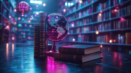 Illuminated globe and antique books on a table in a modern library.