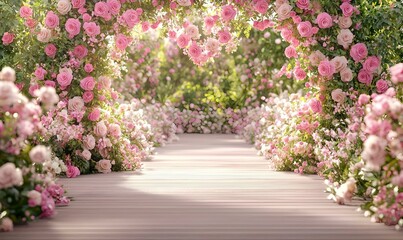 Fototapeta premium Romantic Pathway Surrounded by Lush Pink Roses in Garden Setting