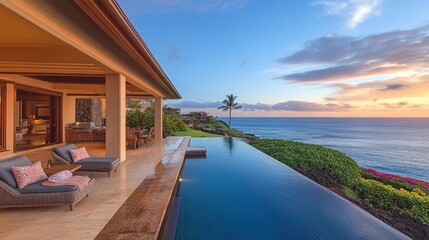Fototapeta premium Tropical paradise villa terrace featuring a luxurious pool, warm sunrise hues, and subtle festive red touches