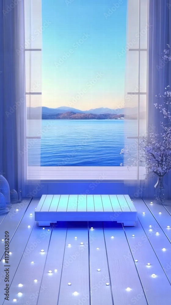 Poster a serene interior scene featuring a platform by a window overlooking a calm sea at dusk.