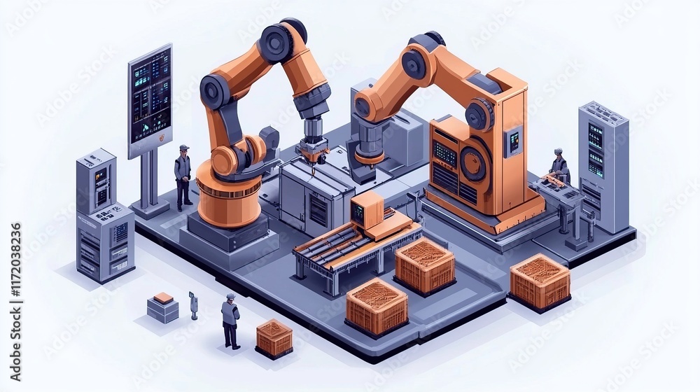 Poster isometric illustration of automated robotic factory production line with workers monitoring machiner