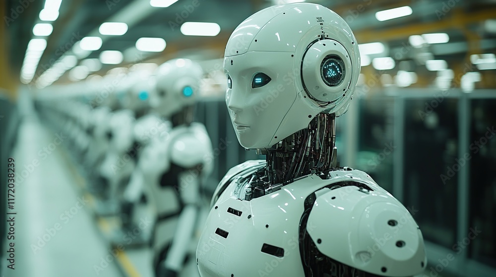 Poster row of humanoid robots in a futuristic factory.