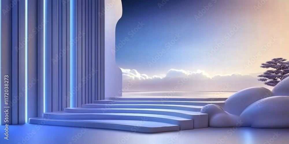 Poster A serene landscape with abstract steps and soft clouds under a gradient sky.