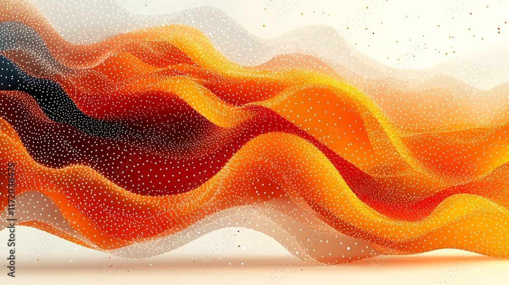 Poster abstract orange and grey wave pattern with particle effect on white background.