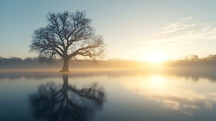 Fototapeta premium Serene Landscape with Lone Tree and Reflective Water at Sunrise