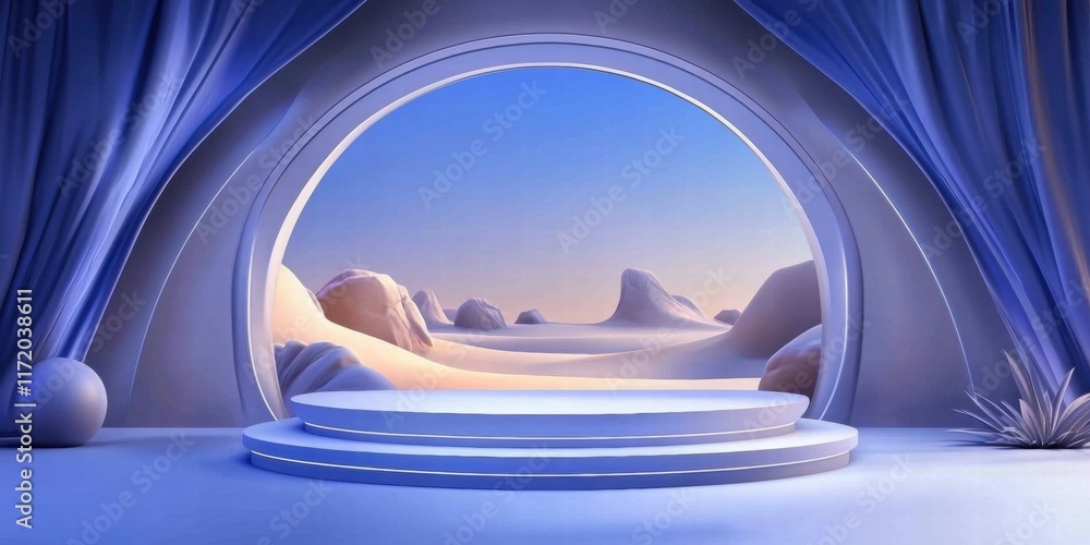 Fototapete a serene stage set in a minimalist environment with a desert landscape visible through an arch.