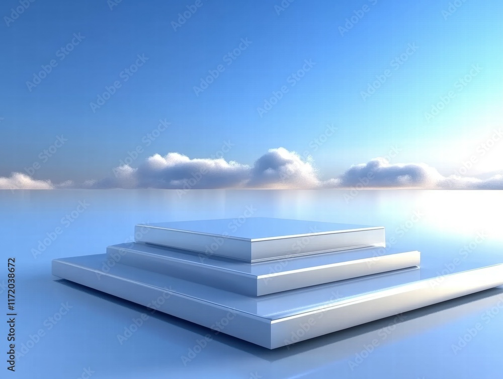 Aufkleber a serene, minimalistic scene featuring stacked platforms against a blue sky and clouds.