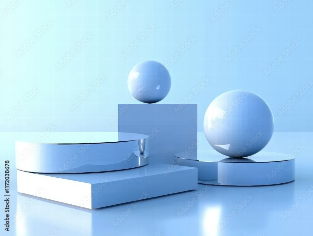 Poster a minimalist arrangement of geometric shapes in a soft blue environment.