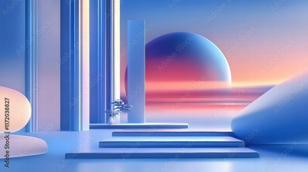 Aufkleber a serene, futuristic landscape with soft shapes and a gradient sky.