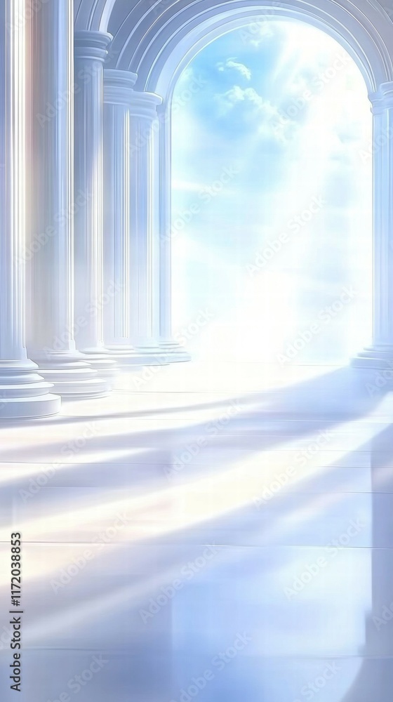 Poster a serene, ethereal space with columns and light, evoking a sense of tranquility and awe.