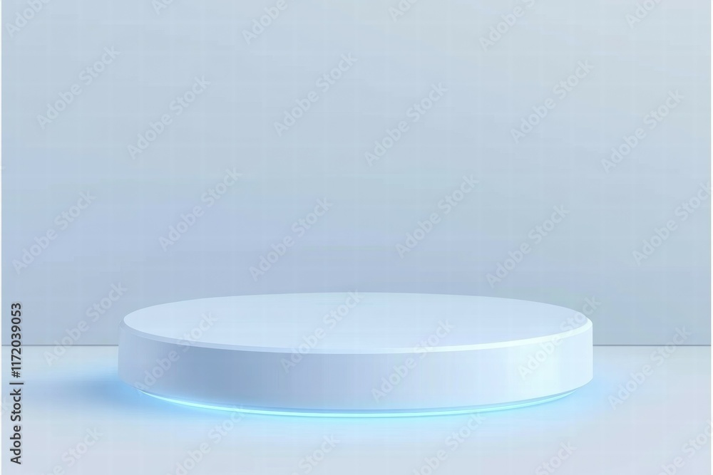 Poster minimalistic display platform with soft blue lighting on a neutral background.